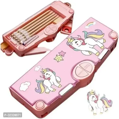 Unicorn Theme Buttons Operated Magnetic Pencil Stationery Box with Accessories (Set of 1, Pink)-thumb2