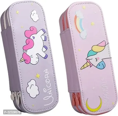 Double Layer Unicorn Art Artificial Leather Pencil Box (Set of 1, Multicolor)-thumb3