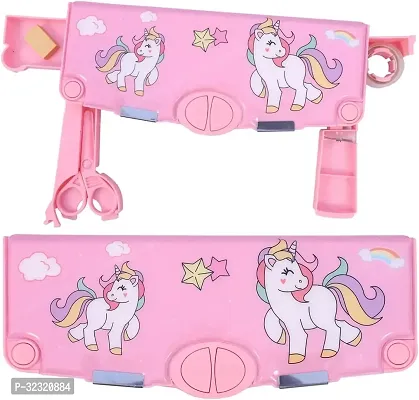 5 Button Compass Magnetic Pencil Case with Sharpener Unicorn Pencil Box (set of 1, Pink)-thumb0