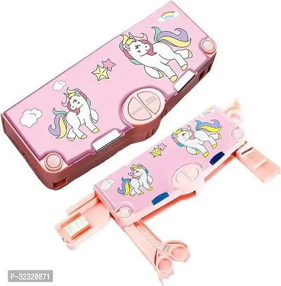 Unicorn Theme Buttons Operated Magnetic Pencil Stationery Box with Accessories (Set of 1, Pink)-thumb0