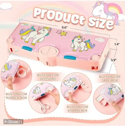 Unicorn Theme Buttons Operated Magnetic Pencil Stationery Box with Accessories (Set of 1, Pink)-thumb3