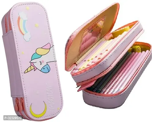 Double Layer Unicorn Art Artificial Leather Pencil Box (Set of 1, Multicolor)