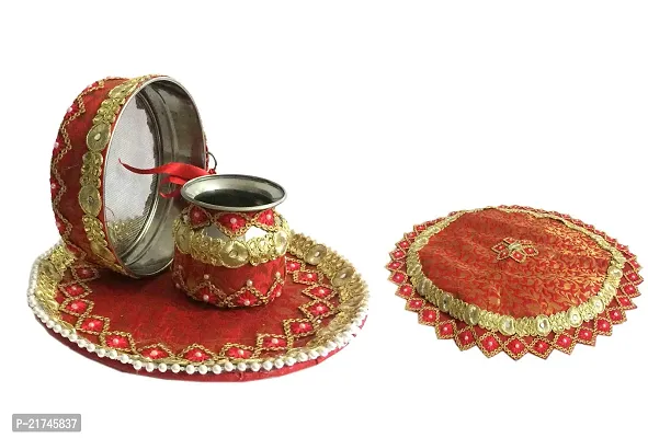 Loops n Knots Karwa Chauth / Karwachauth Thali Set Handcrafted Red Puja /Pooja Thali And Thali Cover Velvet Fabric Meterial , Steel Lota ,   Channi