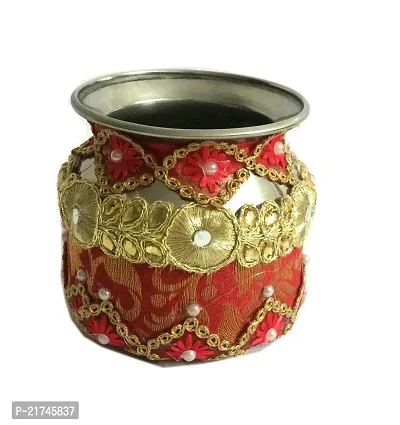 Loops n Knots Karwa Chauth / Karwachauth Thali Set Handcrafted Red Puja /Pooja Thali And Thali Cover Velvet Fabric Meterial , Steel Lota ,   Channi-thumb2