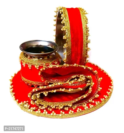 Loops n Knots Karwa Chauth / Karwachauth Thali  Set Handcrafted Red Puja /Pooja Thali And Thali Cover Velvet Fabric Meterial  Steel Lota And Channi-thumb0