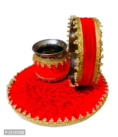 Loops n Knots Karwa Chauth / Karwachauth Thali Set Handcrafted Red Puja /Pooja Thali Velvet Fabric Meterial  Steel Lota And Channi-thumb0