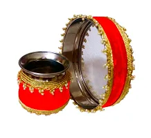 Loops n Knots Karwa Chauth / Karwachauth Thali Set Handcrafted Red Puja /Pooja Thali Velvet Fabric Meterial  Steel Lota And Channi-thumb1