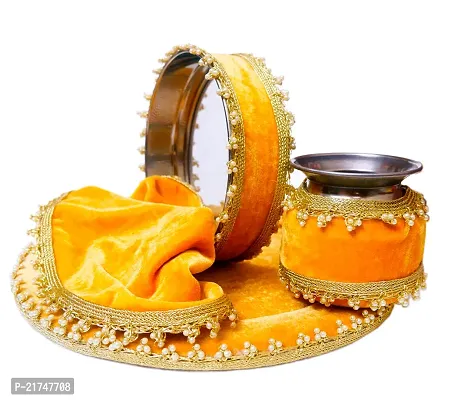 Loops n Knots Karwa Chauth / Karwachauth Thali  Set Handcrafted Yellow Puja /Pooja Thali And Thali Cover Velvet Fabric Meterial  Steel Lota And Channi-thumb0