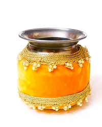 Loops n Knots Karwa Chauth / Karwachauth Thali  Set Handcrafted Yellow Puja /Pooja Thali And Thali Cover Velvet Fabric Meterial  Steel Lota And Channi-thumb1