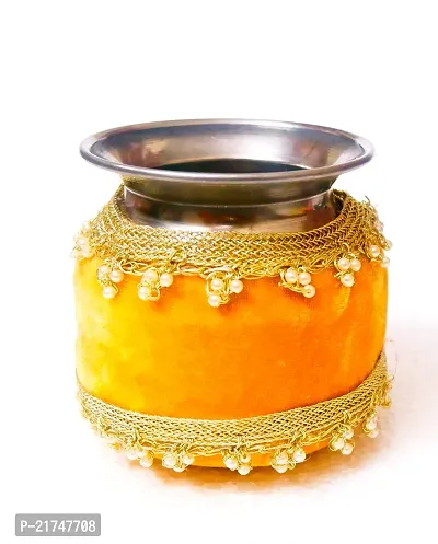 Loops n Knots Karwa Chauth / Karwachauth Thali  Set Handcrafted Yellow Puja /Pooja Thali And Thali Cover Velvet Fabric Meterial  Steel Lota And Channi-thumb2