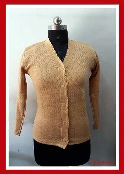 Stylish Woolen Solid Full Sleeves Cardigan Sweater For Women