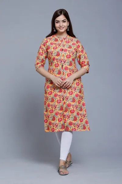 Clickedia Women's and Girls Cotton Wooden Botton in Front Side with Fully Floral Printed A-Line Kurti with Pant Suit Set.