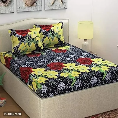 Panipat Textile Hub 144 TC, 3D Printed Pattern Cotton Double Bedsheet with 2 Pillow Covers (Black, Yellow)