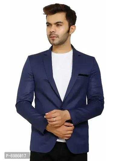 Solid Single Breasted Casual Men Full Sleeve Blazer  (Blue)-thumb0