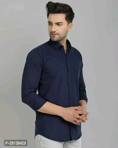 Stylish Fancy Navy Blue Cotton Blend Solid Long Sleeves Shirts For Men-thumb0