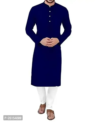 Reliable Navy Blue Cotton Solid Mid Length Kurta Set For Men