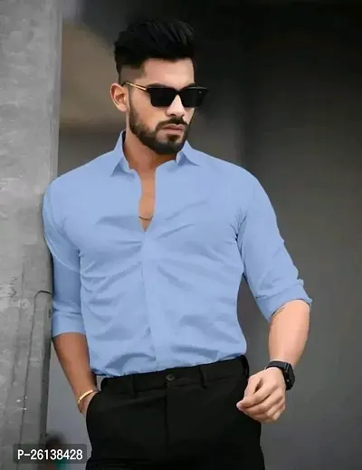 Stylish Fancy Blue Cotton Solid Long Sleeves Shirts For Men