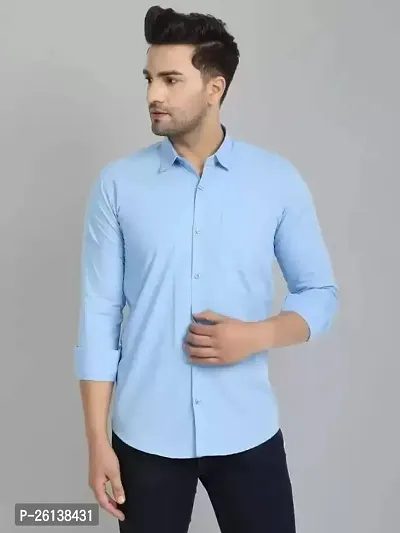 Stylish Fancy Blue Cotton Blend Solid Long Sleeves Shirts For Men-thumb0