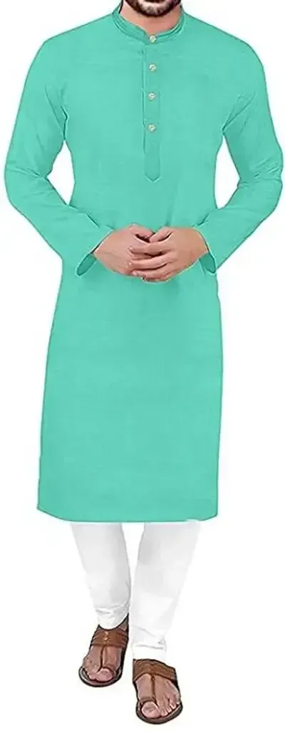 Reliable Turquoise Cotton Solid Mid Length Kurta Set For Men
