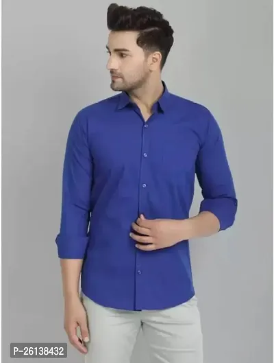 Stylish Fancy Blue Cotton Blend Solid Long Sleeves Shirts For Men