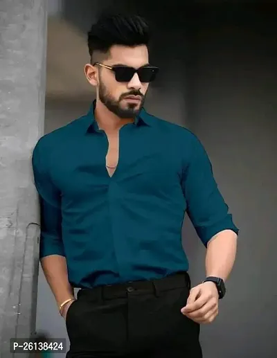 Stylish Fancy Teal Cotton Solid Long Sleeves Shirts For Men-thumb0