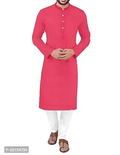 Reliable Pink Cotton Solid Mid Length Kurta Set For Men