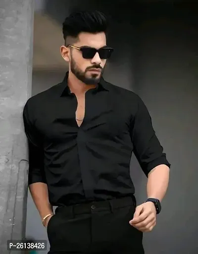 Stylish Fancy Black Cotton Solid Long Sleeves Shirts For Men