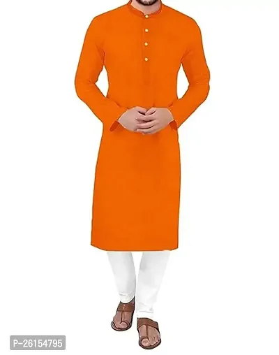 Reliable Orange Cotton Solid Mid Length Kurta Set For Men-thumb0