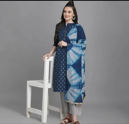 Alluring Cotton Foil Print Kurta with Pant And Dupatta Set For Women