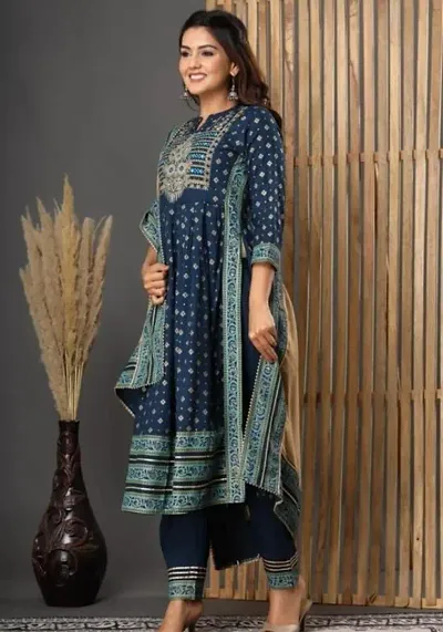 FIKSTALL Womens Rayon Fully stitched Straight Kurta with Siquence Work on Yog & Beautiful Work on Four Side of Kurti and Pant also with Beautiful matching Dupatta