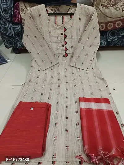 Beautiful Embroidered Cotton Kurti With Trouser And Dupatta Set-thumb0