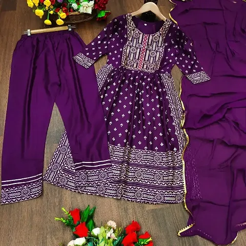 Stylish Fancy Rayon Kurti With Bottom And Dupatta Set For Women