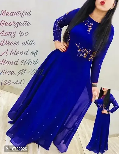 Stylish Georgette Royal Blue Embroidery Work With Lock Moti Gown For Women-thumb0