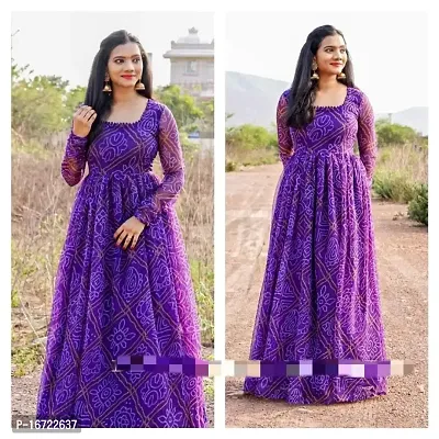 Alluring Purple Georgette Digital Printed Stitched Ethnic Gown For Women-thumb0