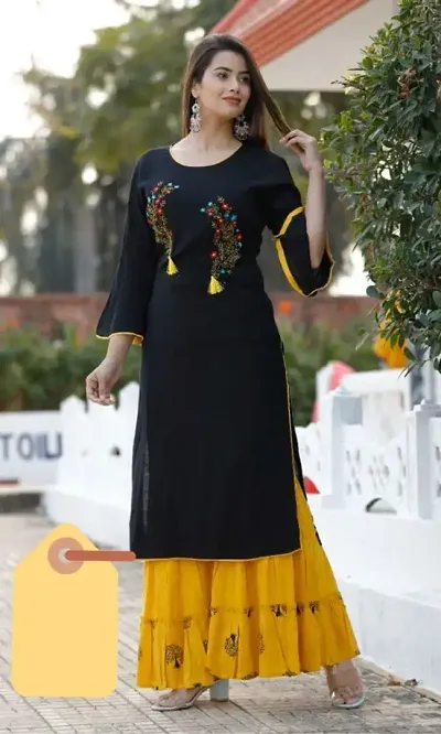 Stylish Rayon 3/4 Sleeves Kurti With Bottom Set