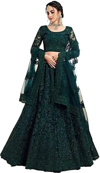 PATLANI Women's Net Semi stitched Lehenga Choli (Green-Pari_Green_Free Size)