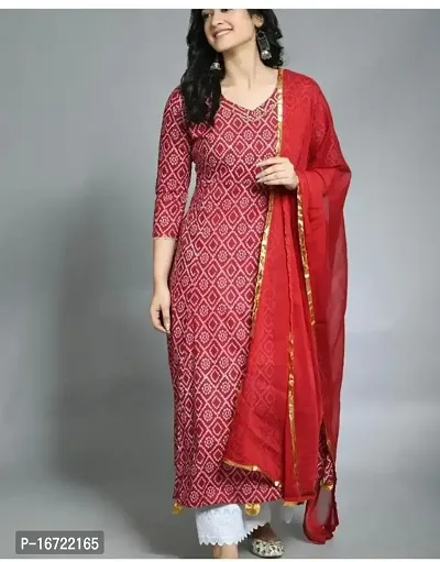 Elegant Red Bombay Cotton Printed Kurta Palazzo Set With Nazmeen Dupatta For Women-thumb0