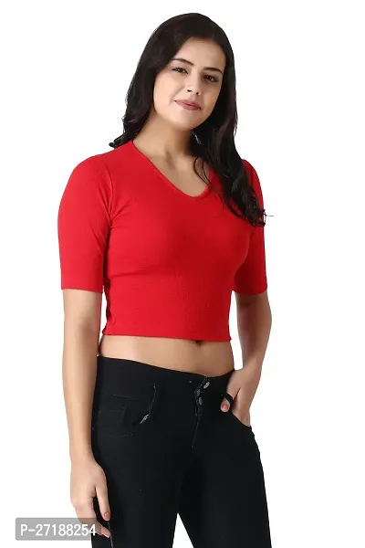 Elegant Red Polycotton Solid Crop Length Top For Women-thumb4