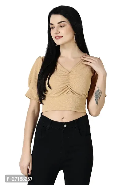 Elegant Beige Polycotton Solid Crop Length Top For Women-thumb0