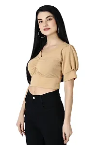 Elegant Beige Polycotton Solid Crop Length Top For Women-thumb1