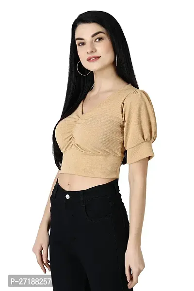 Elegant Beige Polycotton Solid Crop Length Top For Women-thumb2