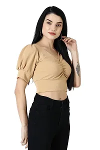 Elegant Beige Polycotton Solid Crop Length Top For Women-thumb2