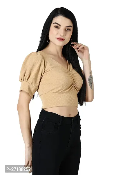 Elegant Beige Polycotton Solid Crop Length Top For Women-thumb3