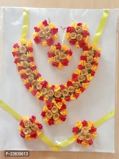 Jewellery Flowers Jewellery Set For Haldi Gota Patti Necklace, Earrings, Bracelet  Maang Tika for Women  Girls (Mehandi/Haldi/Wedding/Bridal/Baby Shower) Pack of 1-thumb0