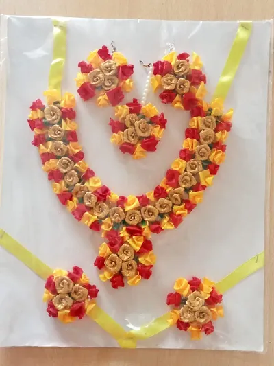 Jewellery Flowers Jewellery Set For Haldi Gota Patti Necklace, Earrings, Bracelet  Maang Tika for Women  Girls (Mehandi/Haldi/Wedding/Bridal/Baby Shower) Pack of 1