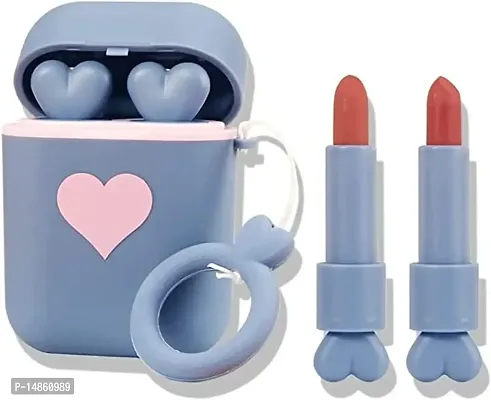 Headphones Love Icon Double Tube Non-Stick Cup Long Lasting Waterproof Matte Lipstick 2Pc/Set Moisturizing Lip Stain Earphone Lipstick Dual-Color -Coral Red And Rose Red