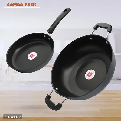 Premium Quality Nonstick Cookware Combo - Fry Pan (22cm Dia) +  Kadhai (26cm Dia). Black-thumb0