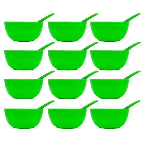 Green Plastic Round Shape Soup Bowls Pack of 12 with 12 spoons