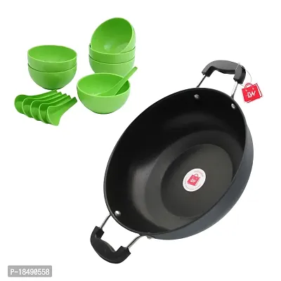 Premium Quality Nonstick Kadhai 3L And Green Plastic Round Shape Soup Bowls Pack of 6 with 6 Spoons
