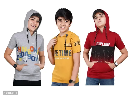 Elegant Cotton Printed Hooded T-Shirts For Boys- 3 Pieces-thumb0